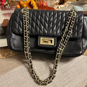 Karl Lagerfeld Black Quilted Shoulder Bag with Gold Chain